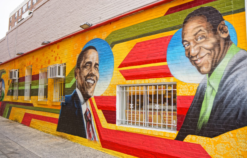 Wall mural of Bill Cosby and Barack Obama at Ben's Chili Bowl